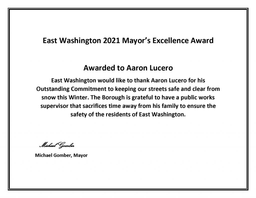 East Washington 2021 Mayor’s Excellence Award Awarded to Aaron Lucero